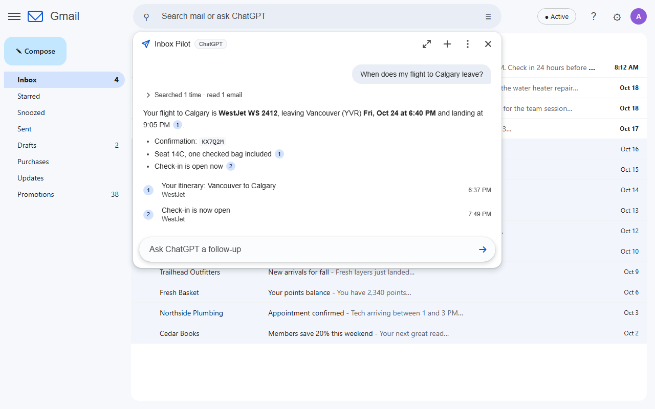 Gmail with the Inbox Pilot answer panel under the search bar, answering when a flight leaves, with numbered source emails (sample mailbox)