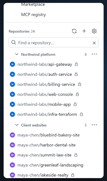 GitHub's menu showing the Repo Navigator list with sections such as Northwind platform and Client websites (sample data)